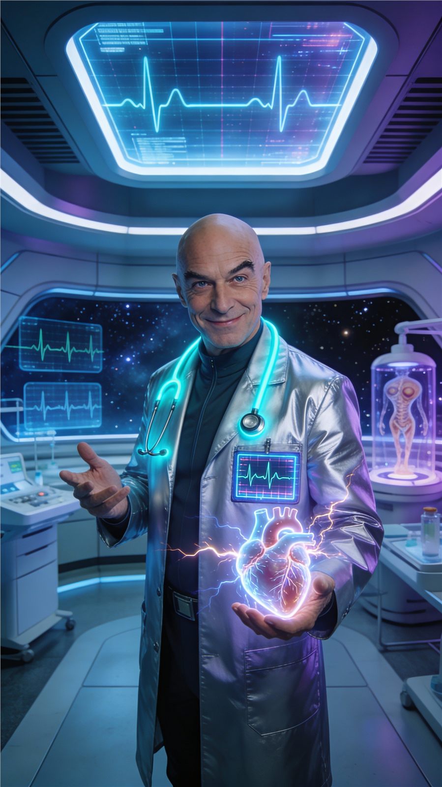 A sci-fi doctor holding a glowing heart, playing on Q as in Q wave