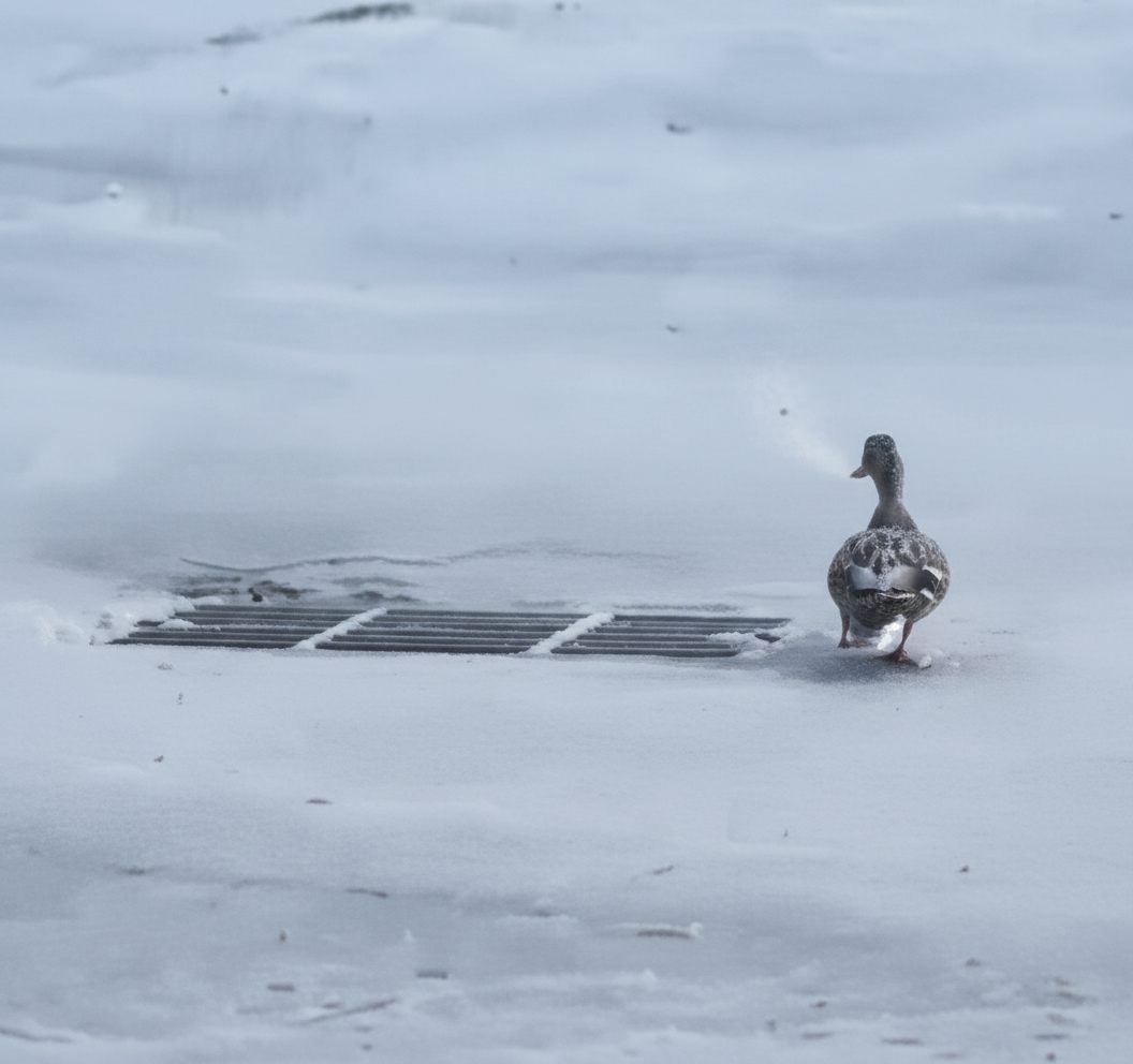 A duck standing on a warm drain in the snow