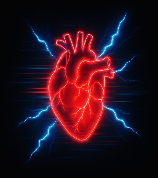 Glowing red heart with blue lightning bolts
