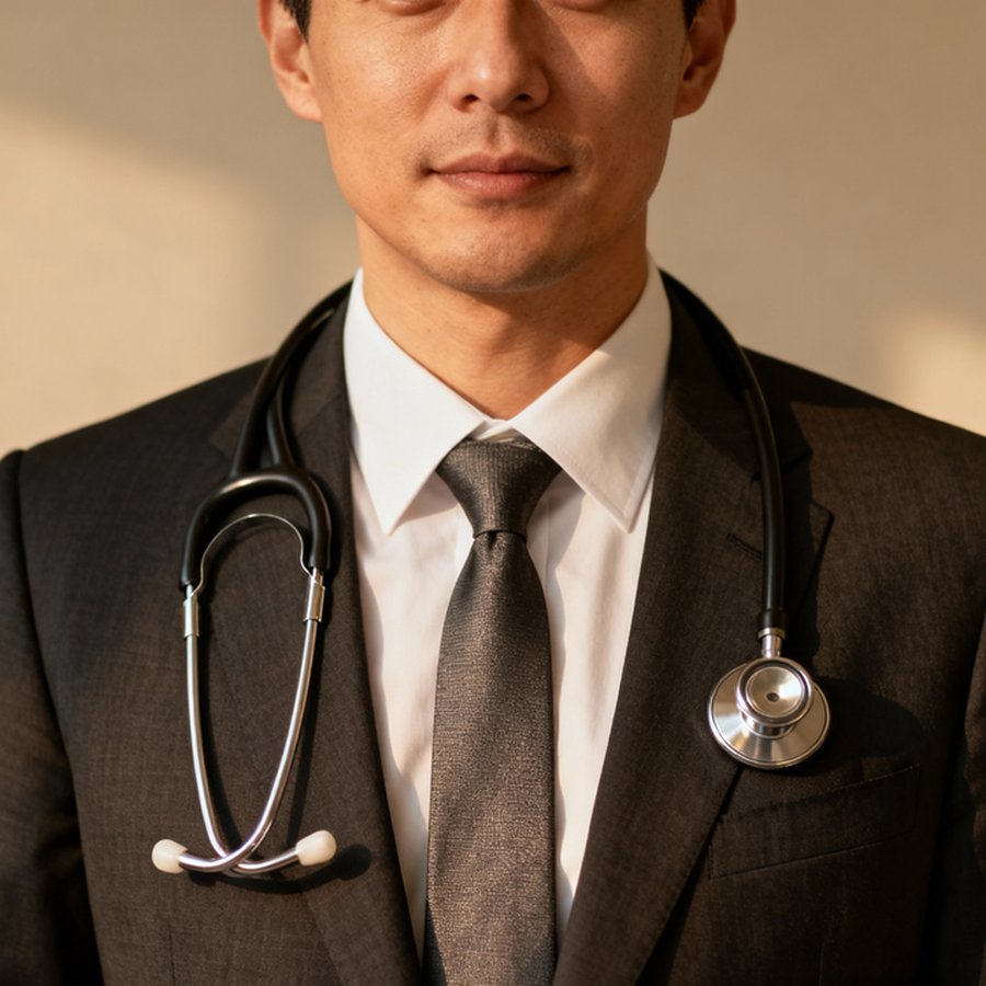 A doctor in a suit with a stethoscope, ready for interview